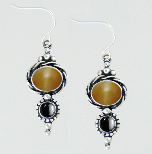 Sterling Silver Drop Dangle Earrings With Cat's Eye And Hematite